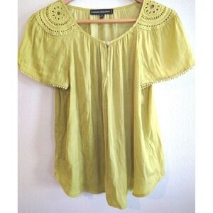 Catherine Malandrino Petite M Chartreuse Boho Blouse Crochet Trim Peasant Top